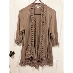 Fever Open Front Cardigan Womens Large Light Brown Lace BOHO Lightweight‎ Long